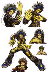  1boy absurdres artbook beatmania_iidx bemani colored_skin dougi facial_mark fingernails full_body goli_matsumoto green_hair grin highres japanese_clothes long_sleeves male_focus multiple_views official_alternate_costume official_art outstretched_arm pectorals scan shiki_(beatmania) short_hair simple_background smile spiky_hair third-party_source white_background yellow_skin 