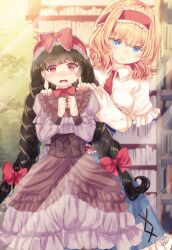  2girls alice_margatroid black_hair blonde_hair blue_dress blue_eyes blush bookshelf bow bowtie braid breasts brown_corset brown_dress capelet commentary_request corset cowboy_shot dress frilled_capelet frilled_dress frilled_hairband frills grey_dress hair_bow hairband hands_on_another's_shoulders hands_up highres kemo_chiharu long_earlobes long_hair looking_at_viewer medium_breasts multiple_girls open_mouth red_bow red_bowtie red_eyes red_hairband short_hair signature smile touhou twin_braids two-tone_dress white_capelet yatadera_narumi 