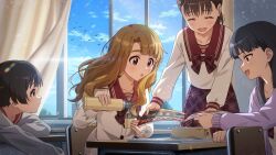  4girls :o bottle bow bowtie brown_hair card_commentary chair classroom commentary_request day desk game_asset holding holding_bottle idolmaster idolmaster_million_live! idolmaster_million_live!_theater_days indoors long_hair long_sleeves miyao_miya multiple_girls official_art on_chair plaid_bow plaid_bowtie plaid_clothes plaid_skirt pouring red_bow red_bowtie red_sailor_collar red_skirt sailor_collar sailor_shirt school school_chair school_desk school_uniform shirt sitting skirt third-party_source violet_eyes white_shirt 