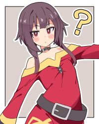  1girl ? bare_shoulders belt blush_stickers border brown_hair choker collarbone commentary dress flat_chest highres kono_subarashii_sekai_ni_shukufuku_wo! long_sleeves looking_at_viewer megumin noyama_takenoko off-shoulder_dress off_shoulder outline outside_border pout red_dress red_eyes short_hair_with_long_locks simple_background solo upper_body white_border white_outline 