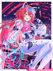  1girl animal_ears blush bodysuit border commentary_request cropped_jacket fake_animal_ears goggles goggles_on_head highres long_hair looking_at_viewer multicolored_hair nekota_tsuna nekota_tsuna_(5th_costume) open_mouth orange_eyes orange_hair outside_border red_hair solo streaked_hair tail teeth two-tone_hair upper_teeth_only virtual_youtuber vspo! white_bodysuit white_border white_tail yuzuriha_(nx_e78) 