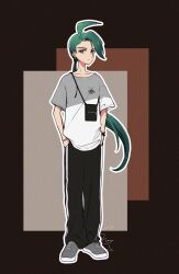  1girl ahoge alternate_costume bag black_bag black_pants bracelet bright_pupils closed_mouth collarbone commentary earrings full_body green_hair grey_shoes hands_in_pockets highres jewelry long_hair looking_at_viewer meru_merume603 outline pants pokemon pokemon_scarlet_and_violet ponytail red_eyes rika_(pokemon) shirt shoes short_sleeves solo standing stud_earrings t-shirt white_pupils 
