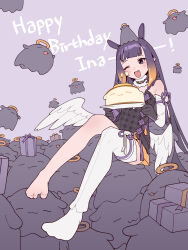  1girl :3 :d ;d =_= absurdres barefoot black_dress black_gloves blunt_bangs box cake candle character_name commentary_request detached_sleeves dress fang feathered_wings feet food food_bite food_on_face fur-trimmed_collar fur_trim gift gift_box gloves gradient_hair halo happy_birthday highres holding hololive hololive_english korean_commentary light_blush long_hair low_wings mendako_(wjkgreat) mole mole_under_eye multicolored_hair ninomae_ina'nis ninomae_ina'nis_(1st_costume) no_shoes one_eye_closed open_mouth orange_hair pointy_ears purple_background purple_hair sidelocks single_bare_foot single_detached_sleeve single_thighhigh smile solo strapless strapless_dress takodachi_(ninomae_ina'nis) tentacle_hair thigh-highs toes traditional_halo very_long_hair violet_eyes virtual_youtuber white_sleeves white_thighhighs white_wings wings yellow_halo 