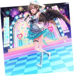  1girl aerial_fireworks alternate_costume armpits artist_request belt bird_wings boots bow breasts brown_hair brown_wings checkered_floor detached_sleeves dress feathered_wings fireworks frilled_dress frills full_body game_asset gloves green_bow green_necktie hair_bow high_heel_boots high_heels holding holding_microphone idol idol_clothes long_hair medium_breasts microphone necktie non-web_source official_art open_mouth red_eyes reiuji_utsuho self-datamine simple_background smile solo stage thigh_belt thigh_strap touhou touhou_arcadia_record transparent_background very_long_hair white_boots white_gloves white_wrist_cuffs wings wrist_cuffs 