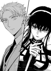  1boy 1girl absurdres black_dress black_hair black_necktie breasts collared_shirt dagger dress earrings fighting_stance greyscale hair_between_eyes hairband highres holding holding_weapon jacket jewelry knife looking_at_another medium_breasts monochrome necktie parted_bangs shirt short_hair sidelocks spy_x_family stiletto_(weapon) suit_jacket twilight_(spy_x_family) twitter_username updo vest weapon white_background yor_briar yu_(gel4sew) 