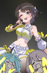  3girls :d ;d absurdres asymmetrical_sleeves belt black_hair blue_eyes bow breasts center_frills collared_shirt commentary cropped_shirt detached_sleeves english_commentary frills glowstick gradient_background grey_background hair_bow hakimen highres holding holding_glowstick holding_microphone hololive hololive_dev_is hololive_idol_uniform_(color_rise) idol_clothes medium_breasts microphone miniskirt mismatched_sleeves mizumiya_su multicolored_shirt multiple_girls navel official_alternate_costume one_eye_closed oozora_subaru puffy_detached_sleeves puffy_short_sleeves puffy_sleeves shirogane_noel shirt short_hair short_sleeves simple_background single_detached_sleeve single_sleeve skirt smile stomach swept_bangs teeth upper_teeth_only virtual_youtuber white_belt white_shirt white_skirt yellow_shirt 