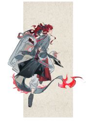  1boy absurdres arknights arm_tattoo black_coat black_shoes briefcase coat commentary_request dragon_boy dragon_horns dragon_tail fire flame-tipped_tail from_side full_body gloves highres holding holding_briefcase holding_knife holding_suitcase holding_sword holding_weapon horns jacket knife lin_qing_(phosphorus_1104) long_hair male_focus pants pointy_ears ponytail profile red_eyes red_hair shirt shoes simple_background solo suitcase sword tail tattoo weapon white_pants yu_(arknights) 