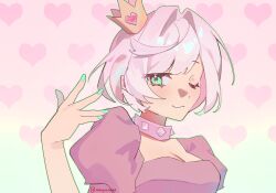  absurdres collar commentary crown elphelt_valentine english_commentary gradient_background green_eyes green_nails guilty_gear guilty_gear_strive hand_up heart heart_background highres lauflight mini_crown one_eye_closed pink_collar portrait puffy_sleeves short_hair smile smirk spiked_collar spikes white_hair world_is_mine_(vocaloid) 