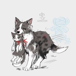  1other amakura_mayu amakura_mio an_sin animal animal_focus animalization artist_name bandaged_arm bandages blush border_collie brown_eyes carrying cat closed_eyes commentary_request crossed_bandaids cuts dog fatal_frame fatal_frame_ii:_crimson_butterfly full_body ghost grey_background holding holding_animal injury korean_commentary looking_ahead motion_lines mouth_hold red_ribbon ribbon running simple_background speed_lines twitter_username wavy_eyes 