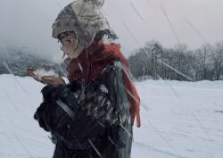  1girl bare_tree beanie black_coat black_hair coat cupping_hands earflap_beanie from_side grey_sky half-closed_eyes hat highres izumi_mizu1001 lamppost original outdoors own_hands_together ponytail profile red_scarf scarf short_ponytail sky snow snowing solo tree winter winter_clothes 