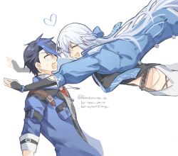  1boy 1girl :d artist_name beads biuedestinati0n black_hair blue_bow blue_jacket blue_necktie blue_streaks bow bridal_gauntlets closed_eyes clothing_cutout commentary_request denim dog_tags earrings eiyuu_densetsu floating_neckwear from_side hair_between_eyes hair_bow half_updo heart highres jacket jeans jewelry korean_commentary kuro_no_kiseki_(series) kuro_no_kiseki_ii multicolored_hair necktie open_mouth pants pouncing prayer_beads rope shimenawa shizuna_rem_misurugi short_hair simple_background small_sweatdrop smile streaked_hair thigh_cutout twitter_username two-tone_hair upper_body van_arkride white_background white_hair windbreaker 