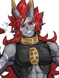  1boy colored_skin commentary_request earrings grey_skin grin highres hoop_earrings horns jewelry long_hair looking_at_viewer numa_numa5656 pointy_ears red_eyes red_hair shutendouji_(shadowside) simple_background smile solo white_background youkai_watch youkai_watch_shadowside 