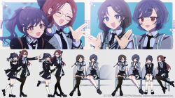  4girls black_hair black_jacket black_necktie black_pantyhose black_skirt black_thighhighs blue_eyes blue_hair blue_shirt blush braid closed_eyes closed_mouth collared_shirt commentary_request danjou_sora fangs forehead fukumaru_koito glasses grey_jacket grey_sweater_vest hair_ornament hair_ribbon hairclip headphones headphones_around_neck high-waist_skirt highres idolmaster idolmaster_shiny_colors idolmaster_shiny_colors_song_for_prism jacket kneehighs long_hair long_sleeves mitsumine_yuika morino_rinze multiple_girls necktie official_alternate_costume official_alternate_hairstyle official_art open_mouth osaki_amana pantyhose parted_bangs ponytail red_eyes red_hair ribbon school_uniform shirt short_sleeves skin_fangs skirt smile socks standing sticker sticker_on_face sweater_vest thigh-highs twin_braids violet_eyes white_socks yellow_eyes 