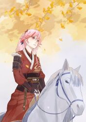  1girl animal autumn branch commentary english_commentary fu_hua ginkgo_leaf hair_between_eyes hakama hakama_skirt highres honkai_(series) honkai_impact_3rd horse horseback_riding japanese_clothes khoiteychinn kimono leaf multicolored_hair obi outdoors pink_hair red_eyes red_hair red_hakama red_kimono riding sash skirt solo streaked_hair 