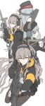  404_(girls&#039;_frontline) 4girls absurdres assault_rifle bangs bare_shoulders beret blunt_bangs brown_hair closed_mouth commentary_request feet_out_of_frame fingerless_gloves fujita_(condor) g11_(girls&#039;_frontline) girls_frontline gloves green_eyes grey_eyes grey_hair gun h&amp;k_g11 h&amp;k_hk416 h&amp;k_ump45 hair_between_eyes hair_ornament hair_ribbon hairclip hat headset highres hk416_(girls&#039;_frontline) holding jacket long_hair looking_at_viewer multiple_girls one_side_up orange_eyes pantyhose pleated_skirt ribbon rifle scar scar_across_eye scar_on_face serious shirt simple_background sketch skirt smile twintails ump45_(girls&#039;_frontline) ump9_(girls&#039;_frontline) weapon white_background white_shirt 