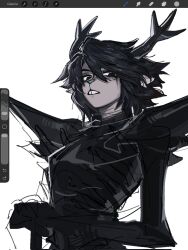  1girl animal_ears antlers armor art_program_in_frame black_eyes black_hair commentary december_holiday deer_ears deltarune english_commentary freckles highres horns looking_at_viewer reindeer_antlers reindeer_girl roaring_knight short_hair simple_background solo trou_noir upper_body utdr_(toby_fox) white_background 