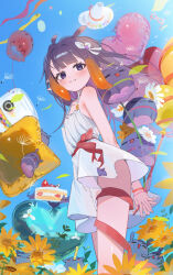  1girl absurdres arms_behind_back balloon blue_sky cake center-flap_bangs chocosong clouds commentary_request dress fang flat_chest flower food gradient_hair happy_birthday highres hololive hololive_english long_hair looking_at_viewer mole mole_under_eye multicolored_hair ninomae_ina'nis orange_hair outdoors own_hands_together pointy_ears purple_hair short_dress sidelocks skin_fang sky sleeveless sleeveless_dress solo spaghetti_strap standing strawberry_shortcake sundress sunflower takodachi_(ninomae_ina'nis) tentacle_hair very_long_hair virtual_youtuber white_dress 