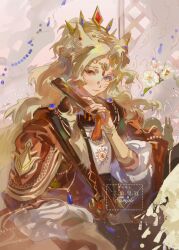  1girl absurdres blonde_hair blue_eyes blue_gem closed_mouth facial_mark forehead_jewel gem hand_fan hand_up heterochromia highres holding holding_fan long_hair long_sleeves looking_at_viewer muyihui original parted_bangs parted_hair red_eyes red_gem red_robe robe sample_watermark solo tassel tiara upper_body watermark whisker_markings 