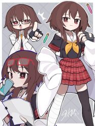  1girl alternate_costume asymmetrical_legwear bandaged_leg bandages black-framed_eyewear black_choker black_gloves black_shirt black_thighhighs blue_outline blush_stickers bob_cut book border brown_hair checkered_clothes checkered_skirt choker closed_mouth coat coat_partially_removed commentary dot_nose drinking english_commentary fingerless_gloves gloves hair_between_eyes high-waist_skirt highres holding holding_book kono_subarashii_sekai_ni_shukufuku_wo! lab_coat long_sleeves looking_at_viewer megumin miniskirt mismatched_legwear mixed-language_commentary multiple_expressions multiple_views open_clothes open_coat open_mouth outline pleated_skirt pointing pointing_at_viewer red-framed_eyewear red_eyes red_skirt sailor_collar school_uniform serafuku shirt short_hair short_sleeves signature skirt skmr_neo standing sunglasses thigh-highs white_border white_coat white_outline white_sailor_collar 