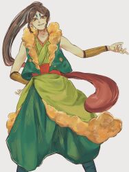 1boy 3goodnight3 brown_hair colored_sclera commentary_request highres japanese_clothes long_hair looking_at_viewer oogama_(youkai_watch) ponytail red_eyes simple_background solo white_background yellow_sclera youkai_(youkai_watch) youkai_watch 