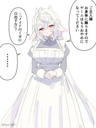  1girl animal_ears apron breasts collared_dress commentary_request dress frilled_apron frills grey_dress hair_between_eyes hairband half-closed_eyes highres horns juliet_sleeves large_breasts long_hair long_sleeves looking_at_viewer maid maid_apron original own_hands_together parted_lips puffy_sleeves simple_background solo translation_request very_long_hair violet_eyes white_apron white_background white_hair white_hairband zenshin 