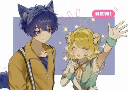  1boy 1girl 6_chair :d absurdres animal_ear_fluff animal_ears arm_up asymmetrical_gloves blonde_hair blue_eyes blue_hair blue_shirt blue_vest blue_wrist_cuffs blush closed_eyes closed_mouth connect_hearts_message_(project_sekai) dog_boy dog_ears dog_tail elbow_gloves gloves hand_up happy highres horns jacket kagamine_rin kaito_(vocaloid) kemonomimi_mode leo/need_kaito leo/need_rin looking_at_another notice_lines open_mouth partially_unzipped project_sekai purple_background rise_as_one!_(project_sekai) sheep_ears sheep_girl sheep_horns shirt short_hair short_sleeves smile sparkle speech_bubble suspenders tail upper_body vest vocaloid white_gloves white_shirt wrist_cuffs yellow_jacket 