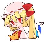  1girl ascot blonde_hair collared_shirt crystal fang flandre_scarlet frilled_shirt_collar frills hat highres medium_hair mob_cap one_side_up op_na_yarou red_eyes red_vest shirt simple_background solo touhou vest white_background white_headwear white_shirt wings yellow_ascot 