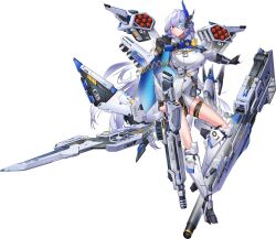  1girl absurdres black_gloves blue_eyes breasts bullpup cape commentary_request fingerless_gloves full_body gloves gun highres hk419 holding holding_gun holding_weapon jacket large_breasts long_hair looking_at_viewer mecha_musume mechanical_legs multiple_weapons original rifle rigging science_fiction scouter solo tachi-e thigh_strap transparent_background very_long_hair violet_eyes weapon white_hair 