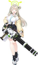  1girl 9ml ^_^ ammunition_belt black_bow black_gloves black_skirt black_socks blonde_hair blue_archive blush bow breasts buttons cardigan closed_eyes cross-laced_shoes facing_viewer fingerless_gloves full_body game_asset gatling_gun gloves green_halo gun hair_bow hair_rings halo happy heel_up highres holding holding_gun holding_weapon id_card lanyard large_breasts large_variant_set long_hair long_sleeves m134_minigun minigun miniskirt nonomi_(blue_archive) off_shoulder official_art open_cardigan open_clothes open_mouth plaid_clothes plaid_skirt shirt_tucked_in shoes sidelocks simple_background single_hair_ring skirt sleeves_past_wrists smile sneakers socks solo standing swept_bangs tachi-e third-party_source transparent_background two-handed variant_set weapon white_shoes yellow_cardigan 