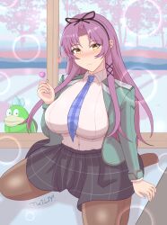  1girl artist_name black_pantyhose black_ribbon black_skirt blue_necktie blush bow breasts candy closed_mouth collared_shirt commentary crossover curtained_hair eiyuu_densetsu food green_jacket grid_skirt hair_bow hair_ribbon highres holding holding_candy holding_food holding_lollipop huge_breasts indoors jacket kneeling kuro_no_kiseki_(series) kuro_no_kiseki_ii light_smile lollipop long_hair long_sleeves looking_at_viewer necktie open_clothes open_jacket pantyhose parted_bangs plaid_clothes plaid_necktie purple_hair renne_(eiyuu_densetsu) ribbon school_uniform shirt skirt sliding_doors smile solo_focus spike_(mario) spread_legs super_mario_bros. twilthero two_side_up white_shirt yellow_eyes 