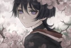  1boy black_bodysuit black_kimono blunt_ends bodysuit cherry_blossoms choppy_bangs closed_mouth commentary eyelashes eyeliner flower from_side genshin_impact gold highres japanese_clothes jewelry juban kimono light_blush looking_at_viewer makeup male_focus neck_ring outdoors pink_flower red_eyeliner red_kimono scaramouche_(genshin_impact) solo tsurime turtleneck turtleneck_bodysuit violet_eyes white_kimono yoruli_e 