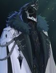  1boy aiguillette black_background black_hair capitano_(genshin_impact) coat english_commentary fur-trimmed_coat fur_trim genshin_impact hat highres kanemei long_hair male_focus mask peaked_cap sidelocks signature solo timestamp twitter_username upper_body white_coat 