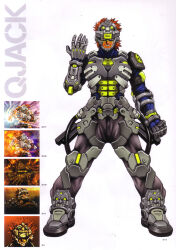  1boy absurdres armor beatmania_iidx bemani character_name dark-skinned_male dark_skin full_body goli_matsumoto grin headphones highres looking_at_viewer male_focus multiple_views official_art q-jack red_hair scan short_hair simple_background smile solo_focus spiky_hair standing third-party_source white_background 