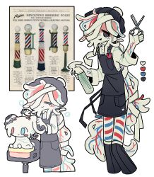  2others apron bandages barber barber_pole black_apron black_hat black_leg_warmers blue_eyes bomal1215 commentary_request hand_up hat highres holding holding_scissors korean_commentary leg_warmers multiple_others open_mouth original reference_inset scissors shirt smile white_shirt 