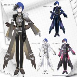 1boy :| absurdres black_pants black_shirt black_shoes black_wings blue_eyes blue_hair brown_shoes closed_mouth commentary_request company_name concept_art copyright_notice expressionless feathers full_body grey_shirt highres kaito kaito_(vocaloid) low_wings male_focus merlin's_shadow_(project_sekai) official_alternate_costume official_art pants project_sekai shirt shoes shokuen_(oxstl) sleeves_past_wrists vocaloid web_address white_pants white_shirt white_shoes white_wings wings