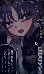  1boy black_bodysuit black_bridal_gauntlets blue_hat blue_jingasa blue_kimono blush bodysuit bridal_gauntlets bright_pupils choppy_bangs commentary_request covered_collarbone eyeliner genshin_impact gold gold_ring hand_up hat highres japanese_clothes jingasa juban kimono kyukyu_tata looking_at_viewer makeup male_focus mandarin_collar middle_ring open_mouth portrait red_eyeliner scaramouche_(genshin_impact) shoulder_peek solo speech_bubble teeth translation_request tsurime upper_teeth_only violet_eyes wanderer_(genshin_impact) white_kimono white_pupils 
