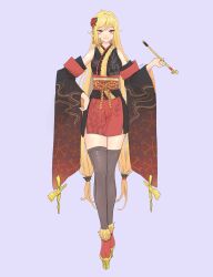  1girl absurdres blonde_hair detached_sleeves english_commentary flower highres holding holding_smoking_pipe hololive hololive_indonesia ichiyaichimaru japanese_clothes kaela_kovalskia kimono kiseru long_hair looking_at_viewer obi official_alternate_costume platform_shoes print_kimono red_eyes red_flower red_rose rose sash shoes simple_background sleeveless sleeveless_kimono smile smoking_pipe solo thighs very_long_hair virtual_youtuber 