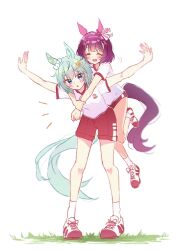  2girls animal_ears arms_around_neck blue_eyes blunt_bangs blush brown_hair buruma closed_eyes ear_covers flower grey_hair gym_shirt gym_shorts hair_between_eyes hair_flower hair_ornament hairband hairclip highres horse_ears horse_girl horse_tail morizu929 multiple_girls nishino_flower_(umamusume) open_mouth outstretched_arms red_buruma red_shorts seiun_sky_(umamusume) shirt shoes short_hair short_sleeves shorts single_ear_cover smile socks spread_arms sunflower sunflower_hair_ornament tail umamusume white_shirt white_socks x_hair_ornament 