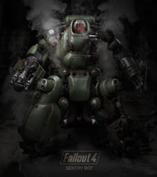  3d absurdres arm_cannon armor black_background bolt_(hardware) caterpillar_tracks character_name commentary copyright_name english_commentary fallout fallout_4 full_body glowing glowing_eyes green_armor highres mecha mecha_focus multiple_legs no_humans non-humanoid_robot official_art one-eyed red_eyes robot science_fiction sentry_bot_(fallout) signature simple_background smoke smoking_barrel steam straight-on tube variant_set vsions weapon x-ray zbrush_(medium) 