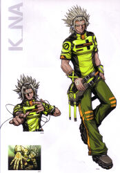  1boy absurdres artbook beatmania_iidx bemani blonde_hair character_name cyber_fashion dark-skinned_male dark_skin facial_mark full_body goli_matsumoto green_pants headphones highres k-na looking_at_viewer male_focus multiple_views official_art one_eye_closed pants scan shirt shoes simple_background spiky_hair third-party_source white_background yellow_shirt 