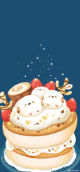  absurdres artist_name blue_background commentary_request cream food food_focus fruit highres long-tailed_tit_(kemono_friends) no_humans original pancake pancake_stack plate powdered_sugar rizu_(rizunm) simple_background still_life strawberry yule_log_(cake) 