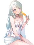  breasts flower food grey_hair hair_flower hair_ornament highres kantai_collection long_hair looking_at_viewer o-ring official_alternate_costume one-piece_swimsuit popsicle ranran_3939 sagiri_(kancolle) simple_background small_breasts swimsuit violet_eyes 