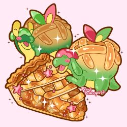  ^_^ absurdres alternate_color apple_pie appletun artist_name blush_stickers closed_eyes commentary english_commentary food highres open_mouth pie pie_slice pokemon pokemon_(creature) pokemon_focus prlpoltergeist shiny_pokemon shiny_skin simple_background sparkle star_(symbol) 