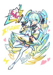  1girl :d absurdres ahoge anzu_(anzuhan) bare_shoulders black_gloves black_ribbon blonde_streaks blue_eyes blue_hair commentary curled_ends full_body gloves gradient_hair hair_ornament half_gloves hands_up hatsune_miku headphones heart heart-shaped_pupils heart_hair_ornament highres holding holding_megaphone lightning_bolt_hair_ornament lightning_bolt_symbol long_hair looking_at_viewer megaphone multicolored_hair neck_ribbon number_tattoo one_eye_closed open_mouth ribbon shirt shoes shoulder_tattoo sleeveless sleeveless_shirt smile smile_x_future_hatsune_miku_design_contest smiley_hair_ornament solo streaked_hair symbol-shaped_pupils tattoo thigh-highs twintails untranslatable_commentary very_long_hair vocaloid white_shirt white_shoes white_thighhighs wrist_cuffs 