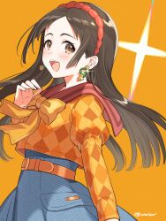  1girl :d absurdres artist_name belt blue_skirt blush bow brown_eyes brown_hair commentary_request denim denim_skirt earrings gakuen_idolmaster glint hairband highres idol_clothes idolmaster jewelry kuramoto_china long_hair long_sleeves oq orange_background orange_bow pocket puffy_long_sleeves puffy_sleeves red_hairband red_sailor_collar sailor_collar skirt smile solo standing 