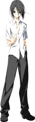  1boy absurdres baggy_pants black_hair black_pants black_shoes full_body game_asset highres non-web_source pants pocket school_uniform shirt shoes short_hair short_sleeves solo subarashiki_hibi transparent_background tsurime untucked_shirt wing_collar yuuki_tomosane 