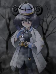  1girl bare_tree belt black_dress black_hair black_pantyhose blue_gloves bob_cut candlestand closed_mouth coat commentary dress english_commentary eyelashes fog gloves gradient_hair greatmothsucks gwynn_(pokemon) hat highres holding holding_candlestand litwick long_sleeves looking_at_another looking_down multicolored_hair o-ring o-ring_belt open_clothes open_coat outdoors pantyhose partially_fingerless_gloves pokemon pokemon_(creature) pokemon_legends:_z-a purple_hair short_hair sugimori_ken_(style) tree violet_eyes white_coat 