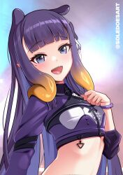  1girl :d blue_eyes blunt_bangs center-flap_bangs center_frills collared_shirt commentary cropped_shirt detached_sleeves english_commentary flat_chest frills gradient_hair hand_on_own_chest highres hololive hololive_english hololive_idol_uniform_(color_rise) long_hair looking_at_viewer mole mole_under_eye multicolored_hair ninomae_ina'nis official_alternate_costume open_mouth orange_hair pointy_ears puffy_detached_sleeves puffy_short_sleeves puffy_sleeves purple_hair purple_shirt shirt short_sleeves sidelocks single_detached_sleeve single_sleeve smile solevisionarts solo teeth tentacle_hair upper_teeth_only very_long_hair virtual_youtuber 