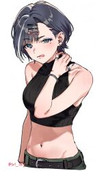  alternate_costume alternate_hairstyle amaya_tsubame bare_shoulders belt black_hair bracelet commentary_request crop_top gakuen_idolmaster hair_ornament hairclip idolmaster jewelry midriff mole mole_under_eye multicolored_hair multiple_hairclips multiple_rings ring shinima short_hair sleeveless sleeveless_turtleneck streaked_hair tongue tongue_out turtleneck 