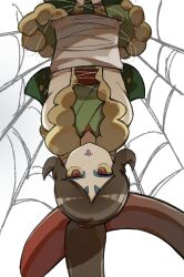  1boy bound brown_hair colored_sclera long_hair looking_at_viewer oogama_(youkai_watch) ponytail red_eyes silk simple_background solo spider_web tied_up_(nonsexual) tongue tongue_out unnchi_haha upside-down white_background yellow_sclera youkai_(youkai_watch) youkai_watch 